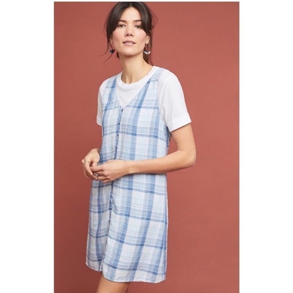 Anthropologie Cloth & Stone Blue Plaid Checkered Button Up Shift Tunic Dress XS - Picture 1 of 11